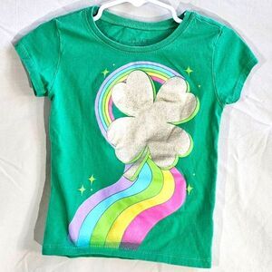Girl's Childrens Place St Patricks Day Shirt Glitter Clover Rainbow Green Sz 4